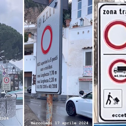 A Positano cartelli della ZTL illeggibili e aggiornati con nastro adesivo e pennarello<br />&copy; Road Legends Sorrento