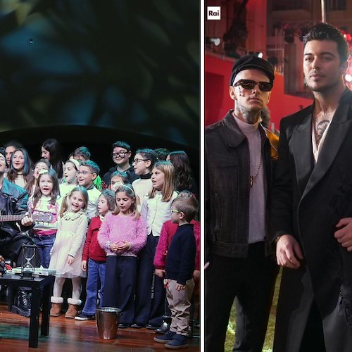 Festival di Sanremo, i bambini di Ravello tifano Stash e The Kolors: «Conquistate il vostro sogno e tornate da noi»<br />&copy; Comune di Ravello (a sinistra), Festival di Sanremo (a destra)