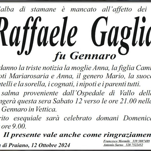 Manifesto Funebre Raffaele Gagliano fu Gennaro