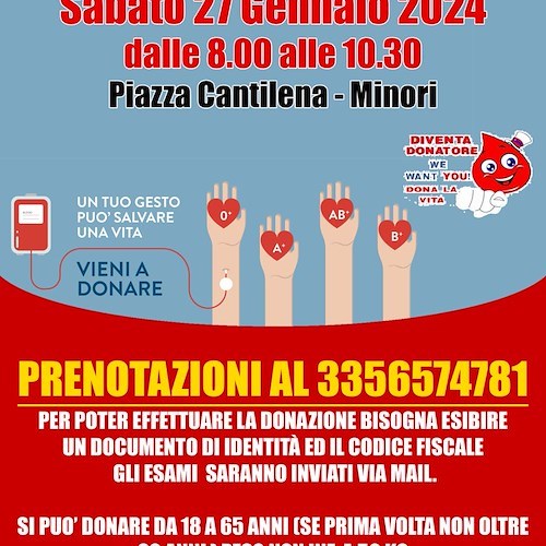 Minori, sabato 27 gennaio si dona il sangue con Avis: necessaria la prenotazione