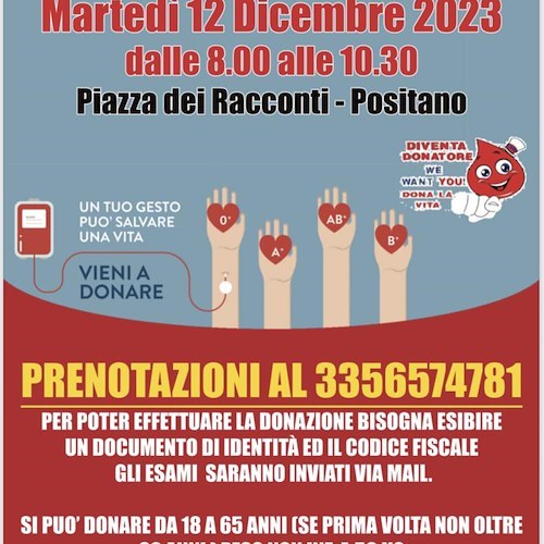 Positano, 12 dicembre giornata del dono del sangue con l'Avis