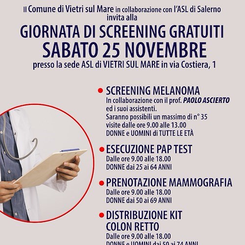 Sabato 25 novembre screening gratuiti a Vietri sul Mare